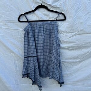 NWT Anthropologie Blue Plaid Off the Shoulder Peasant Top Bell Sleeve Large 0035